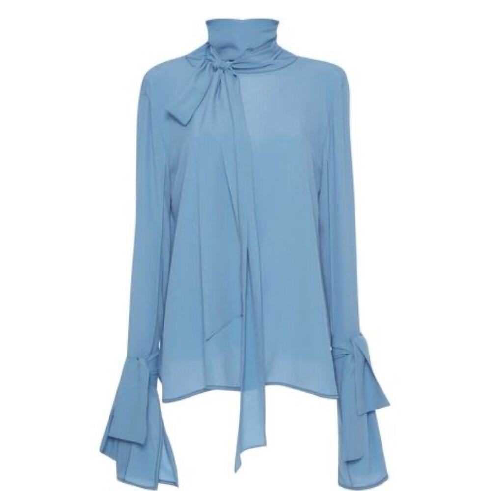 Marni Silk Blend Crepe Tie Neck Oversized Blouse Blue 36 0 XS FLAW